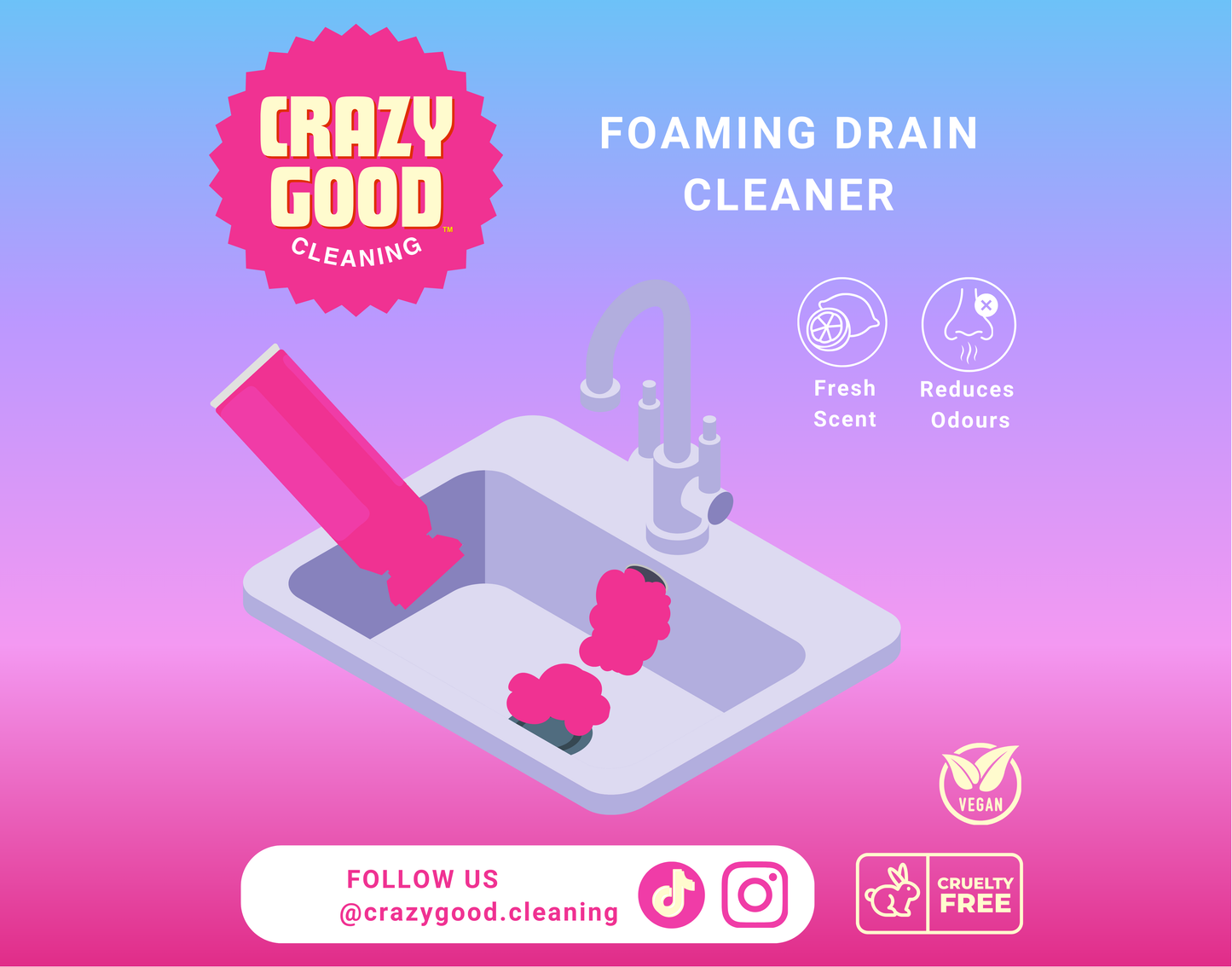 CRAZY GOOD Foaming Drain Cleaner and Freshener, Lemon Fresh (2 x 450 ml)